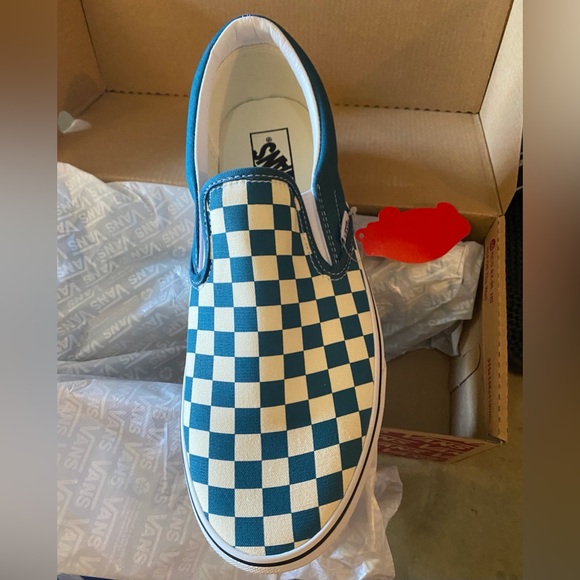 VANS Classic Slip On Checkerboard Skate Shoes, Blue Coral/True White - Picture 3 of 8